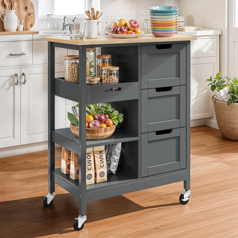 Baveline 27"x15" Classic Kitchen Cart, Kitchen Rack on Wheels with Solid Wood Top, Drawers and Multifunction Racks