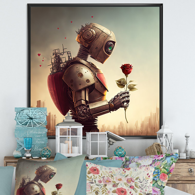 «Robot In Love At Valentines Day I», art mural traditionnel sur toile, L 16 po x H 16 po, Toile avec cadre photo noir