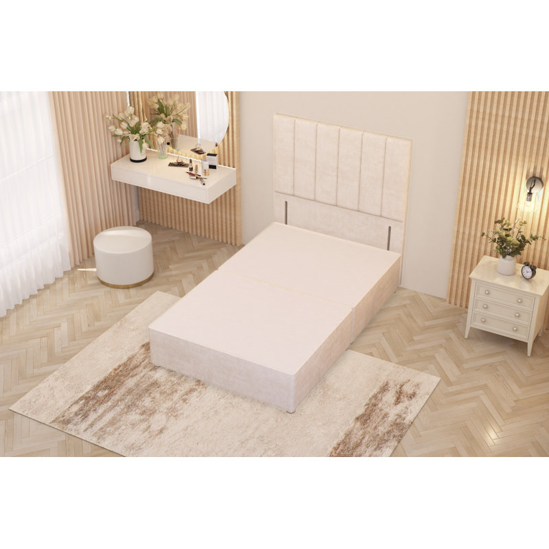 Asterin Divan Bed Base with 54" Floor Standing Headboard Plush Velvet, Kingsize (5'), Ivory, No Drawers