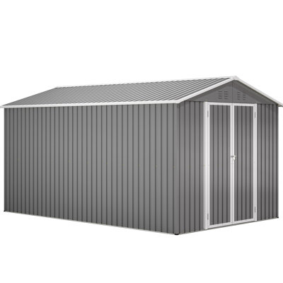 8X12 Ft, Grey, Metal, Garden Storage, Lockable Door, Aluminum Frame, Large Room, Bicycles, Dual - Door Access Ft Secure Metal Outdoor Shed, Ample Storage For Lawn Tools, Double Doors Quick And Hassle