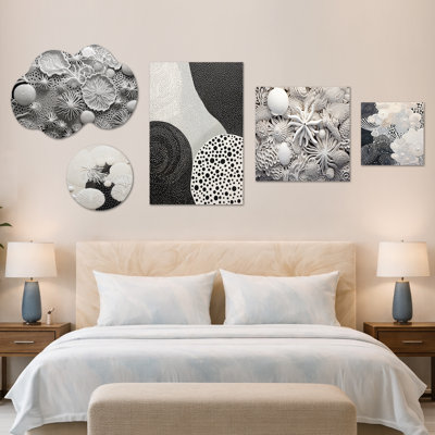 Gris abstrait coraux I - ensemble de 5 décorations murales encadrées en métal et toile encadrée (100 po x 40 po)