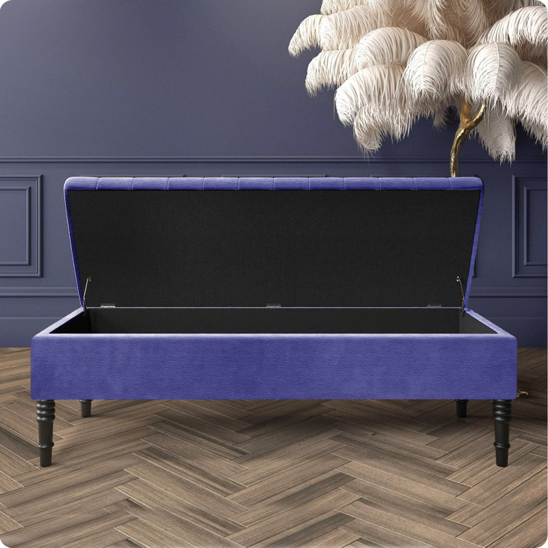 Safar Striped Ottoman Storage Bench – Upholstery Naples Shoe Bench with Black Turned Wooden Legs, Blue