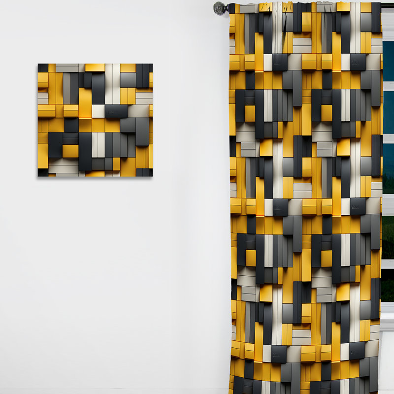 Blocs géométriques jaunes et gris Harmony I - Rideau abstrait - Velours obscurcissant - 1 panneau, L 52 po x L 84 po