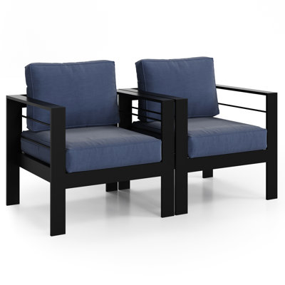 Canapé d'extérieur en aluminium 2 pièces - Coussin épais de 5 po bleu à l'eau et à la rouille, rembourré en éponge avec housse en tissu décoloré