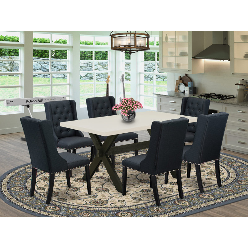 Ensemble de salle à manger 7 pièces composé d'une table de salle à manger rectangulaire avec pieds en X et 6 chaises rembourrées en tissu de lin noir, noir brossé
