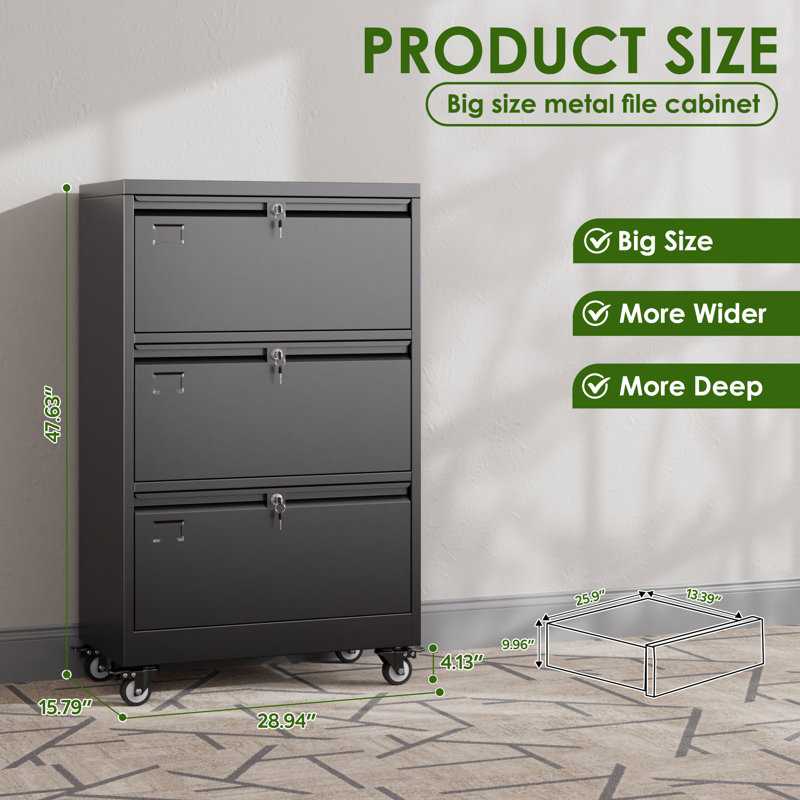 Wide 3 -Drawer Lateral Filing Cabinet With Lock, Suitable For Office, Home And School
