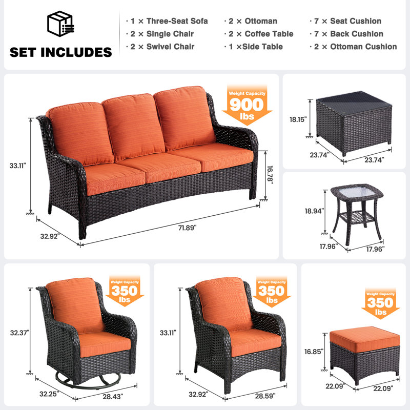 Ensemble de conversation en osier / rotin 7 personnes avec chaises pivotantes et coussins Guilen, Brun, Orange Red