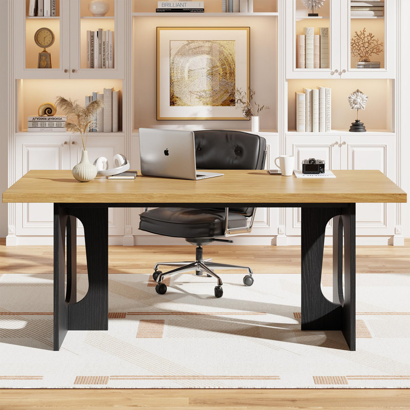 71" Dining Table for 6-8, Modern Rectangular Kitchen Table with Heavy-Duty Dual Pedestal Legs, Natural, Black