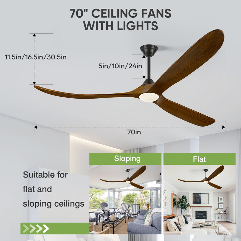 Smart Ceiling Fan With Light And Remote, Remote & App Control, Solid Wood Blades, Reversible Dc Motor, 70" Wide, Walnut