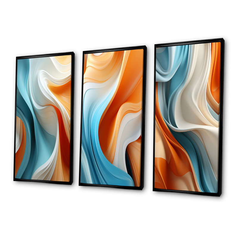 «Blue and Orange Fractal Curves In Motion I», ensemble de 3 décorations murales abstraites fractales, Cadre flottant noir