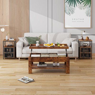 Ensemble de table de salon 3 pièces avec table basse à plateau relevable et 2 tables d'appoint, ensemble de table basse à grain de bois brun avec rangement caché, ensemble de table basse de style campagnard et de bout pour salon, appartement et bureau à domicile