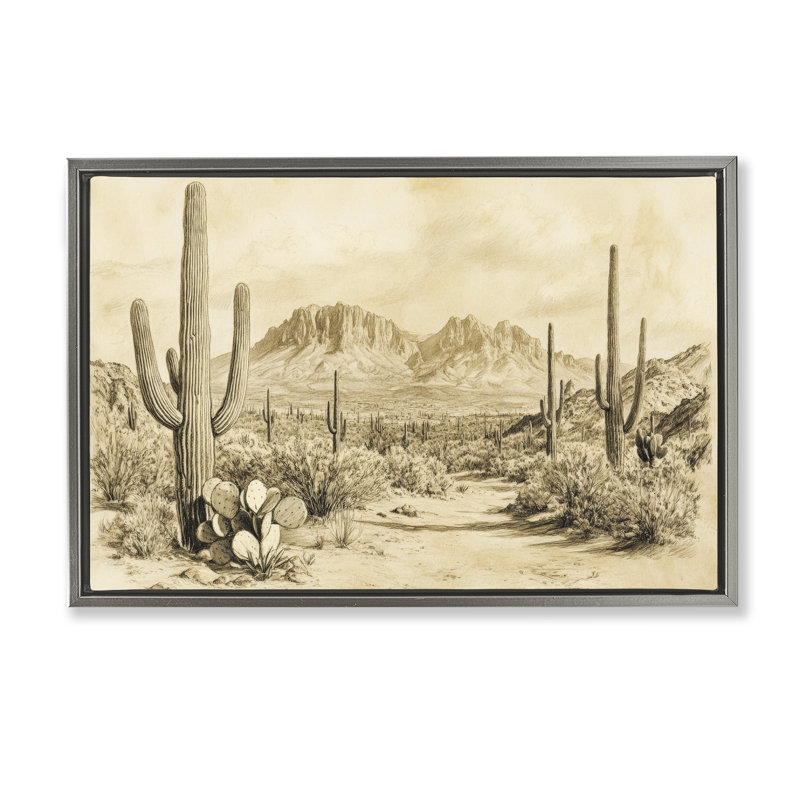 Cadre flottant Cactus Road, désert, design par Petal Prints Design, Cadre flottant gris lustré, H 17 po x l 25 po