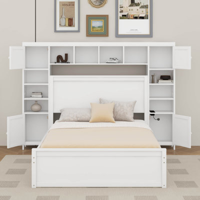 Grand lit en bois avec armoire tout-en-un, tablette, douilles et lit gigogne