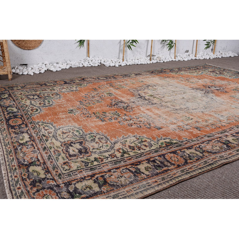 Tapis géométrique, tapis neutre, grands tapis de 6,3 x 9,4 pi, tapis modernes orange, tapis turcs, tapis rétro