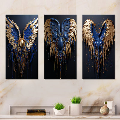 Royal Blue And Gold Angel Wings I - Fantasy Metal Prints Set Of 3