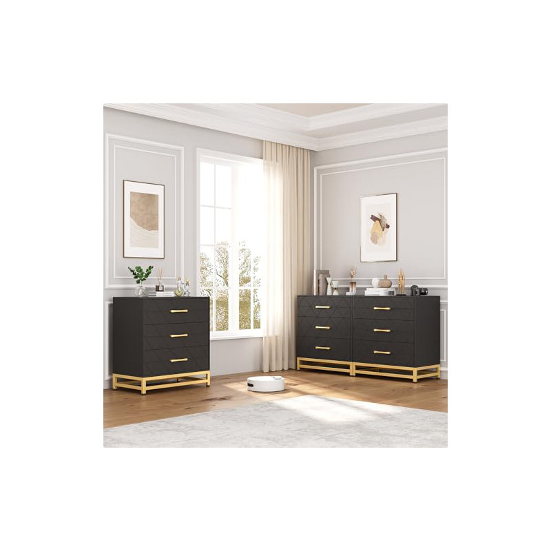 3-Drawer Wooden Dresser, Modern Wood Chest of Drawers with Golden Handles, Black