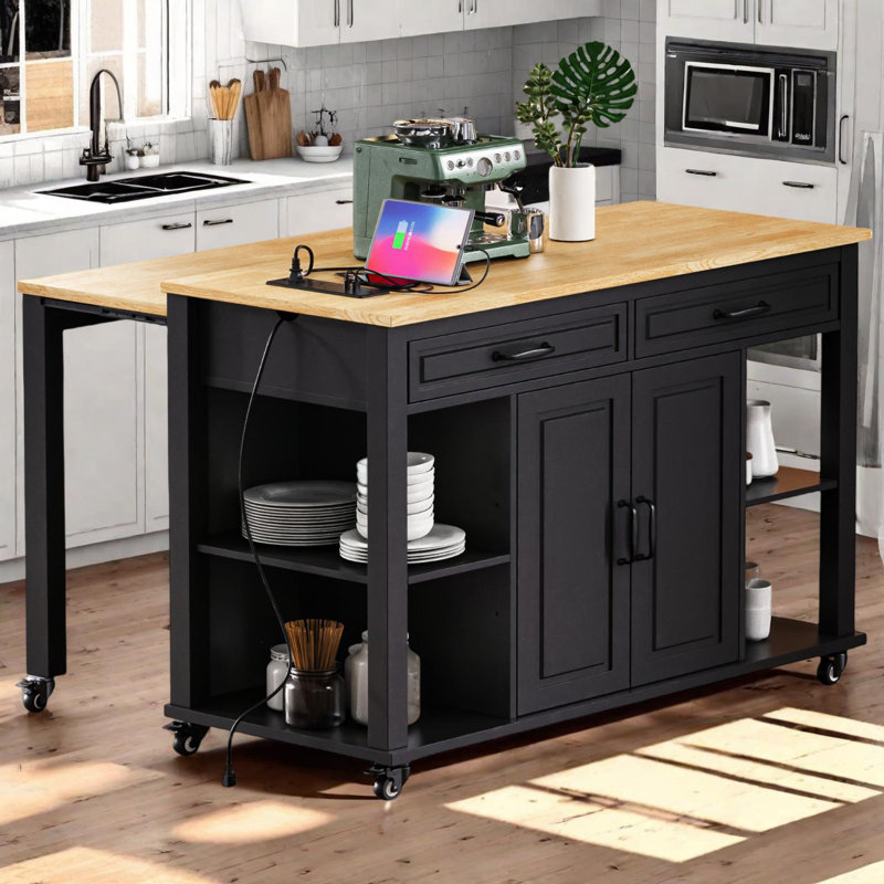47 Inch Kitchen Island with Extendable Dining Table and Storage, Black