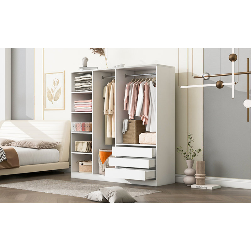Doorless Wooden Storage Wardrobe For Dedroom With Shelves And 3 Drawers, White