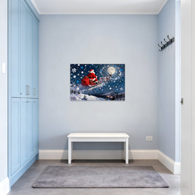 Christmas Santa Flying Sleigh Reindeer Snow Moon Night Landscape