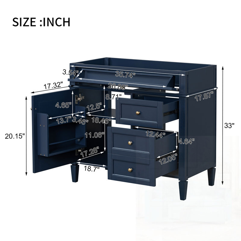 Meuble-lavabo de salle de bain moderne sans lavabo supérieur avec tiroirs, Bleu