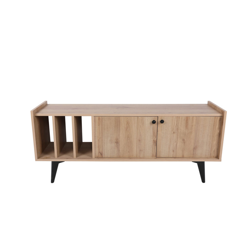 Modern Oak TV Stand with Wall-Mount Option, 59.1 x 24.4 x 15.7 inches | 100% Melamine Coated Particle Board, Thickness: 0.7 inches | Stylish Scandinavian Design, Durable Plastic Legs, Multiple Shelves for Organized Storage
