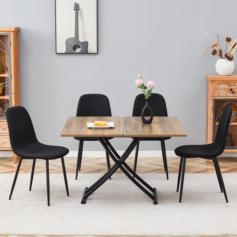 Table élévatrice polyvalente avec chaises en lin et coton | MDF grain naturel et élégance métal noir | Parfait pour la salle à manger, le bureau ou le bar
