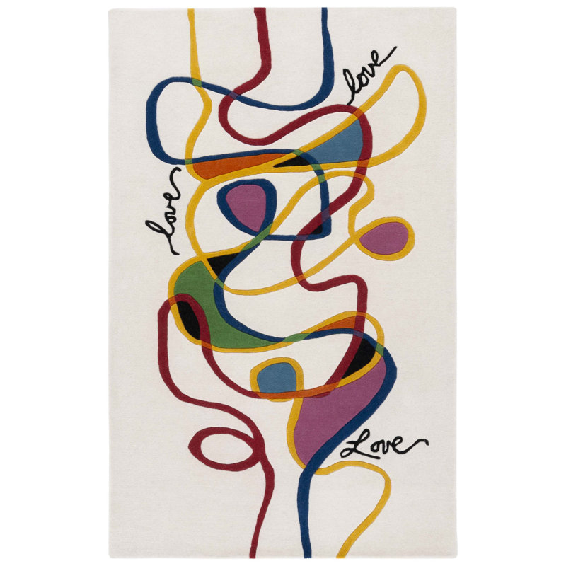 Tapis abstrait en laine / coton touffeté à la main Candrice en ivoire / rouge, Rectangle de 5 pi x 8 pi