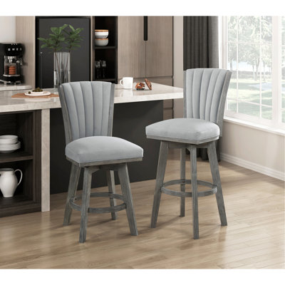 Gray Finish Set Of 2 Pub Height Chairs Swivel Seat Tufted Fabric Upholstered  Wood Dining Furniture Transitional Style