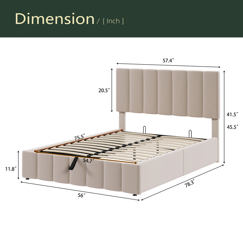 Lit plateforme tapissier avec système de rangement hydraulique, Beige, Double