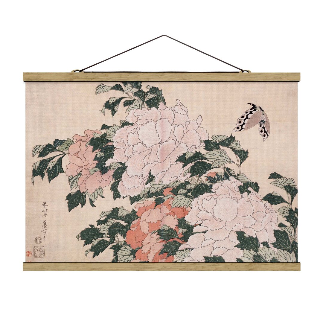 Grafikdruck Pink Peonies with Butterfly von Katsushika Hokusai