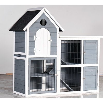 Grand abri extérieur en bois à 2 étages pour poulets et lapins, rampe réglable, conception imperméable, panneaux en maille galvanisée, L 51,96 po x l 20,11 po H 48,33 po, beige et gris, animal de compagnie en bois
