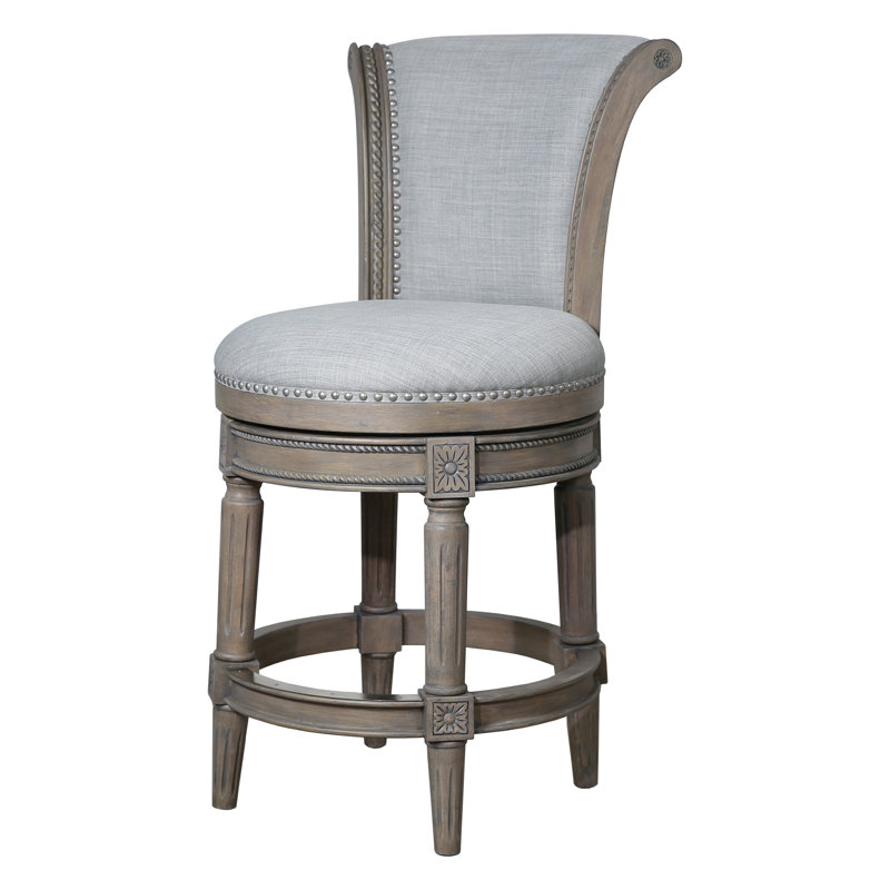 Tabouret de bar pivotant en bois massif Ted, Siège en polyester gris / cadre gris vieilli, 1