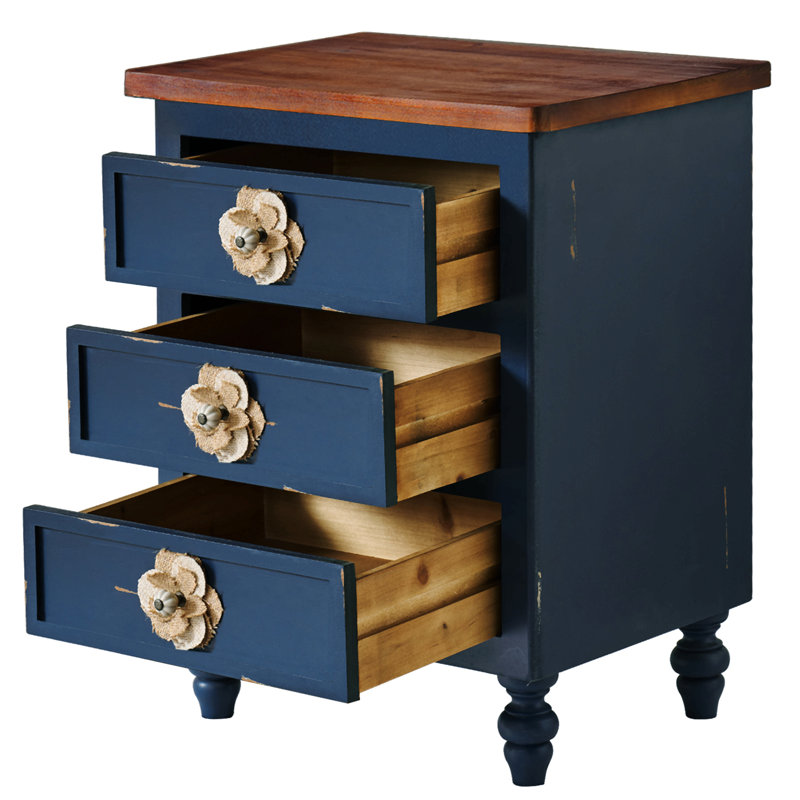 19" Blue Vintage Farmhouse Nightstand, 3 Drawers End Table with Gourd Legs & Floral Knobs, Almost Fully Assembled Bedside Accent Table
