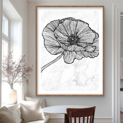 Bright Poppy Flower - Monochrome Framed Matted Print Decor