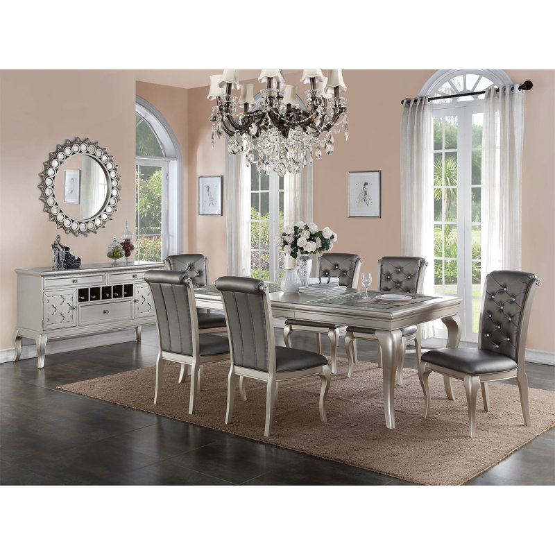 Dining Table Rectangle Glass Inert Top Silver Hue 7Pc Dining Table 6X Side Chairs Tufted Back Dining Room Furniture