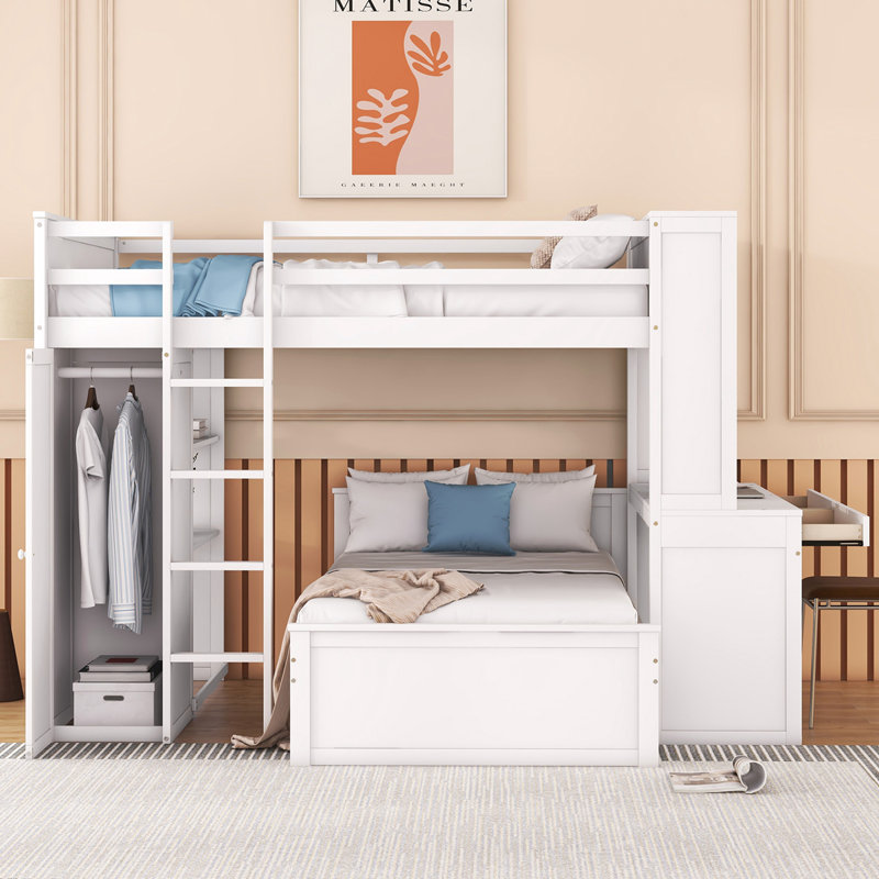 Lit superposé en forme de L avec bureau, bibliothèque et armoire Hasel, Blanc, Double sur double