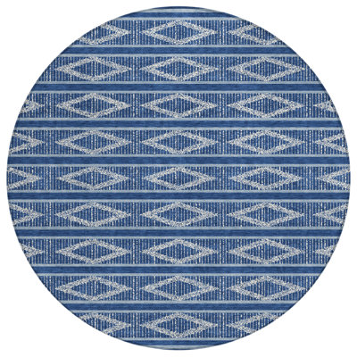 8' Navy Blue And Ivory Round Geometric Washable Indoor Outdoor Area Rug