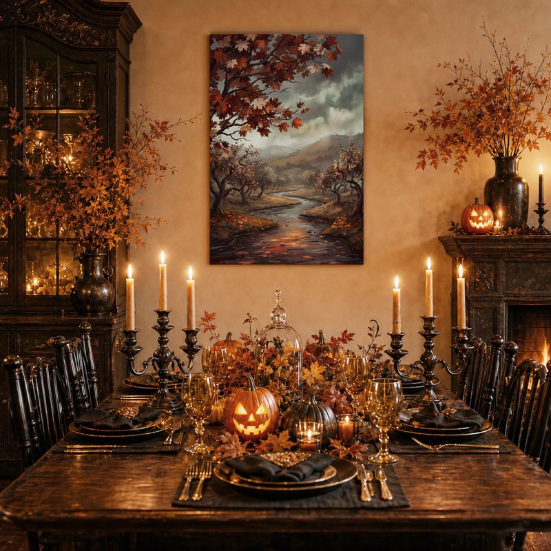 " Red Leafed Trees Along Misty River Halloween " Painting Print, 18"H x 12"W