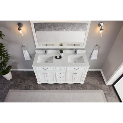Meuble-lavabo double 60 po en bois massif avec plateau en pierre reconstituée 1 po