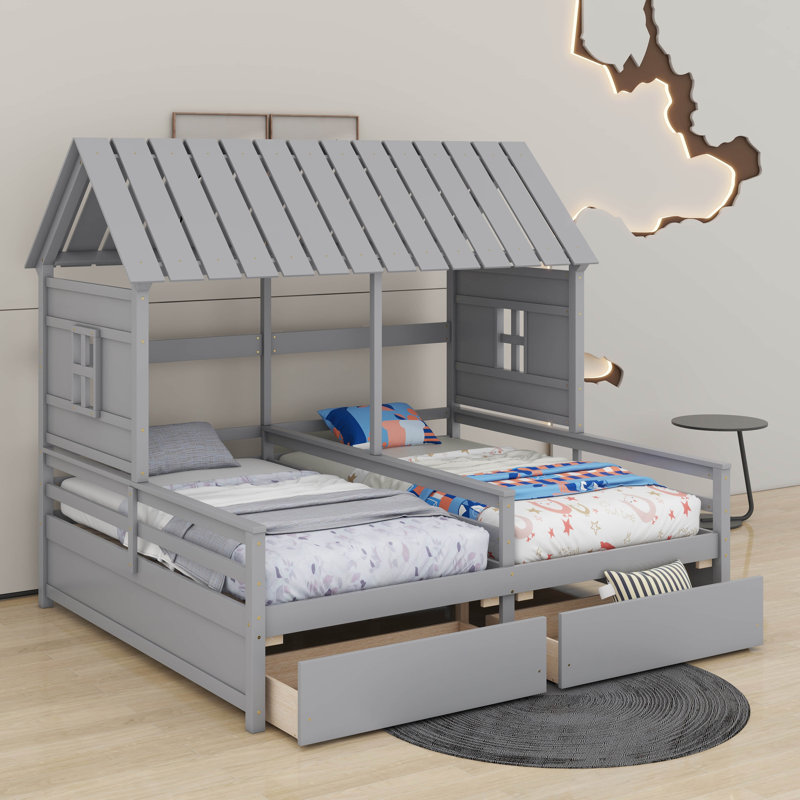 Twin Size House Platform Beds With Drawers, Grey