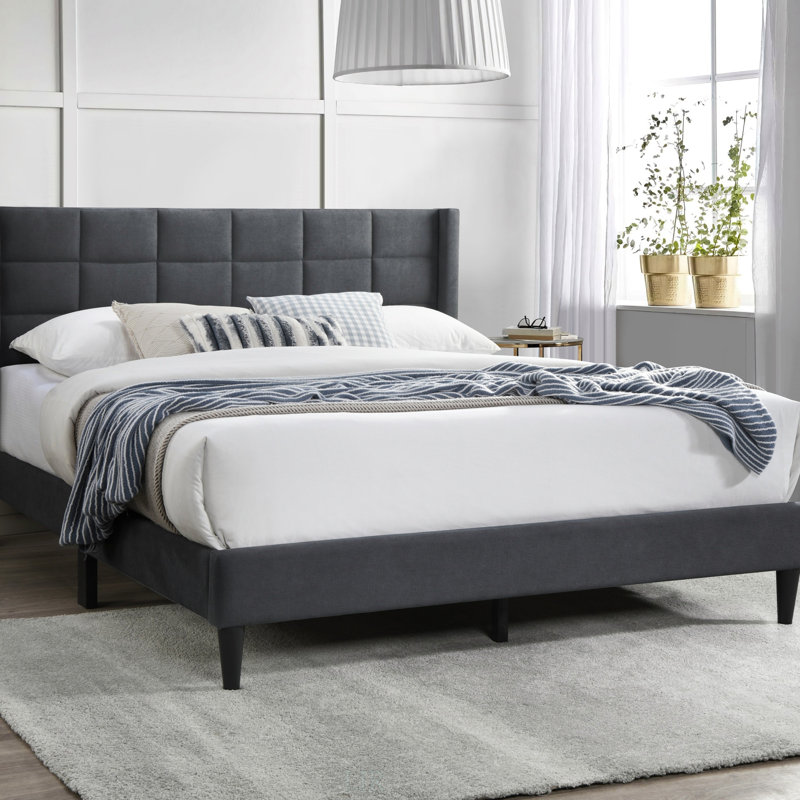 Linen Bed with Tufted Headboard, Charcoal, Queen