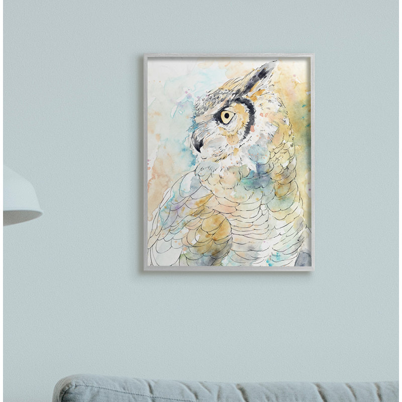 Chouette, œil de côté, aquarelle, H 14 po x l 11 po, Giclée encadrée noir minuit