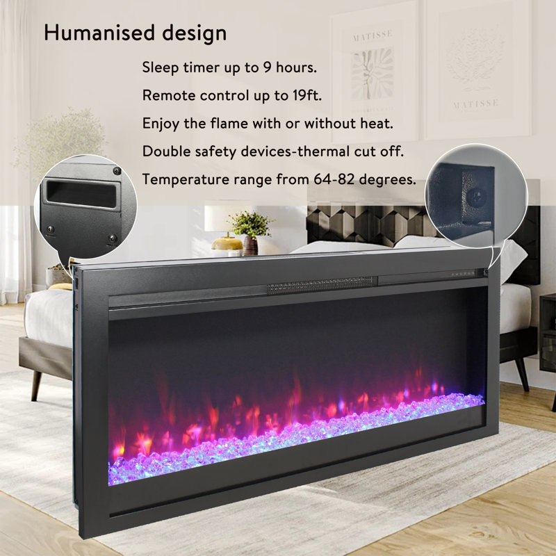 44-Inch In-Wall Recessed Electric Fireplace With Remote, Multicolor Flame & Ember Bed, And LED Light Heater
