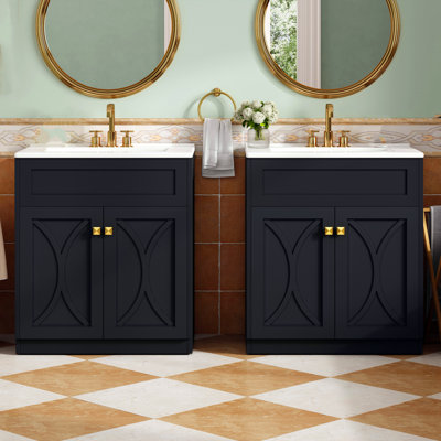 Ensemble de meuble-lavabo autoportant de 60 pouces avec lavabo en céramique, poignées dorées, portes à fermeture en douceur, noir