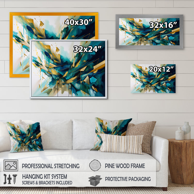 «Golden Explosion Triangles VII», art mural moderne sur toile géométrique, H 30 po x l 40 po x P 1,5 po, Cadre flottant doré