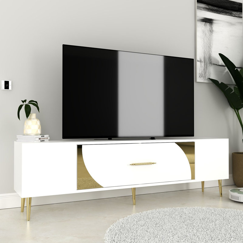 Meuble télé Catena moderne avec capacité de fixation murale, blanc et or, 59,1 po x 19,0 po x 11,6 po | 100% panneau de particules enduit de mélamine, hauteur des pieds 5,9 pouces | Design élégant et fonctionnel pour le salon et les espaces de divertissement