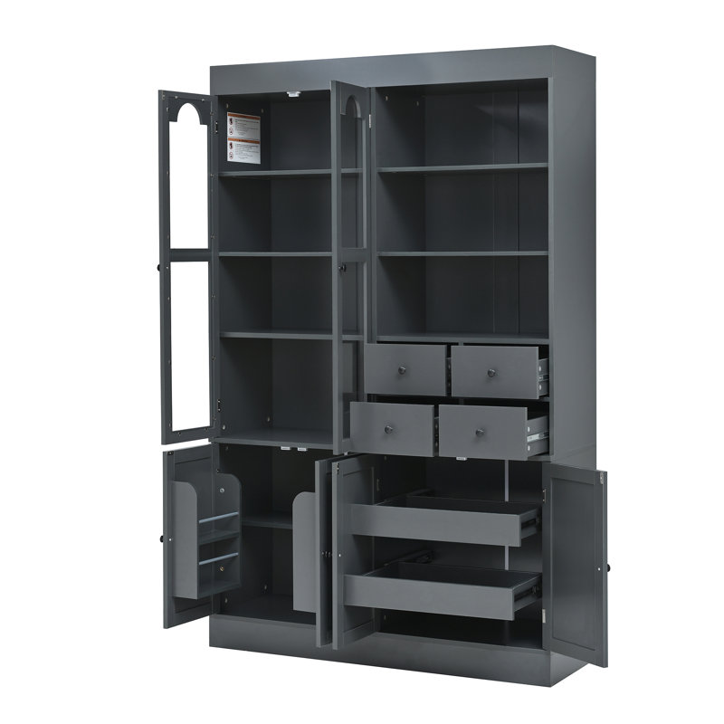 Armoire de rangement de garage autoportante 47,2 "avec huche, portes en verre, 4 tiroirs, tablettes de porte et plateaux coulissants