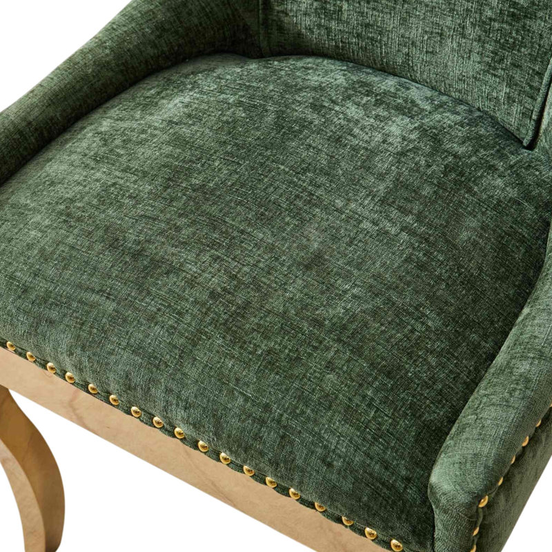 Thickened Fabric Upholstered Wooden Nailhead Dining Chair, Green, 2, Gold