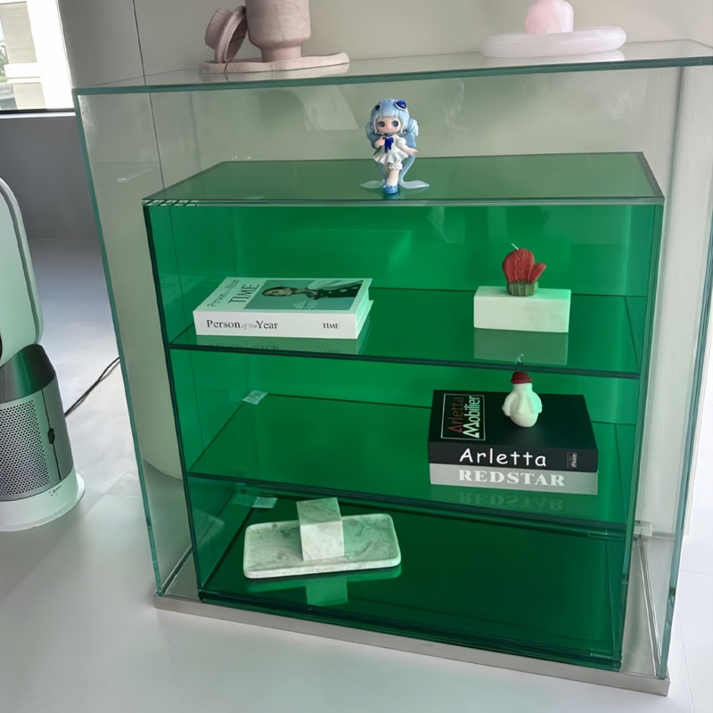 Verre vert + vitrines en acier inoxydable, Vert