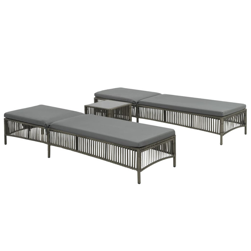 Chaises longues avec table Poly Rattan gris
